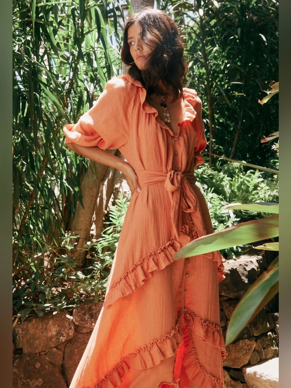 Free People Oh So Romantic Maxi Dress Coral Ruffle Button Front Boho Size S